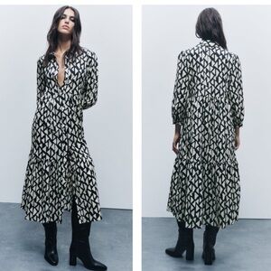 Zara Long Print Dress Black/White SzL